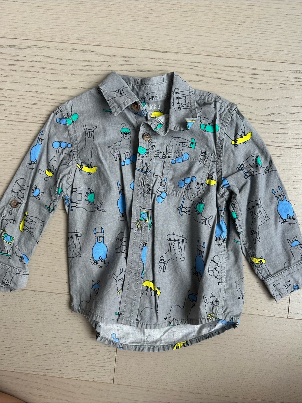okie dokie Gray Button-Down Shirt with Blue, Teal & Yellow Animal Print